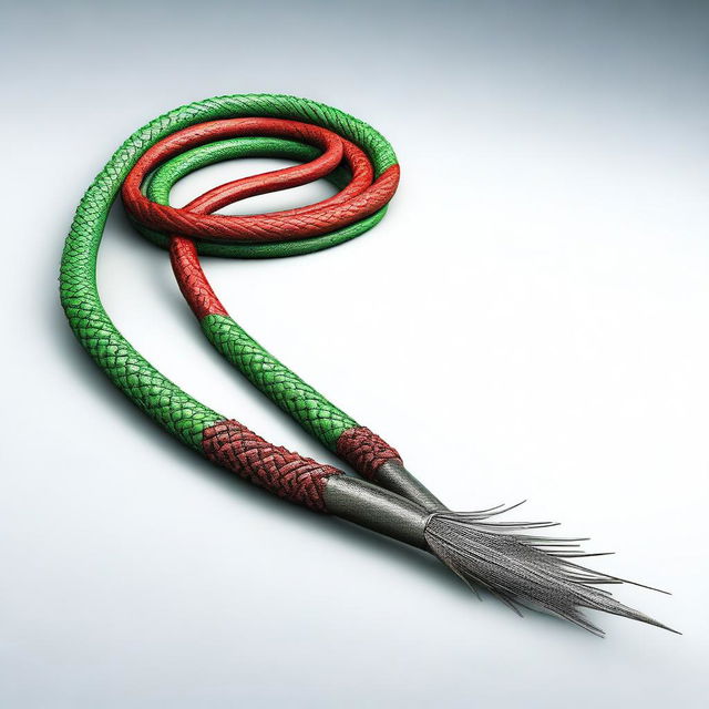 A high-quality 3D render of a long red and green whip, adorned with spikes at the end