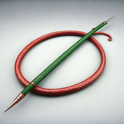 A high-quality 3D render of a long red and green whip, adorned with spikes at the end