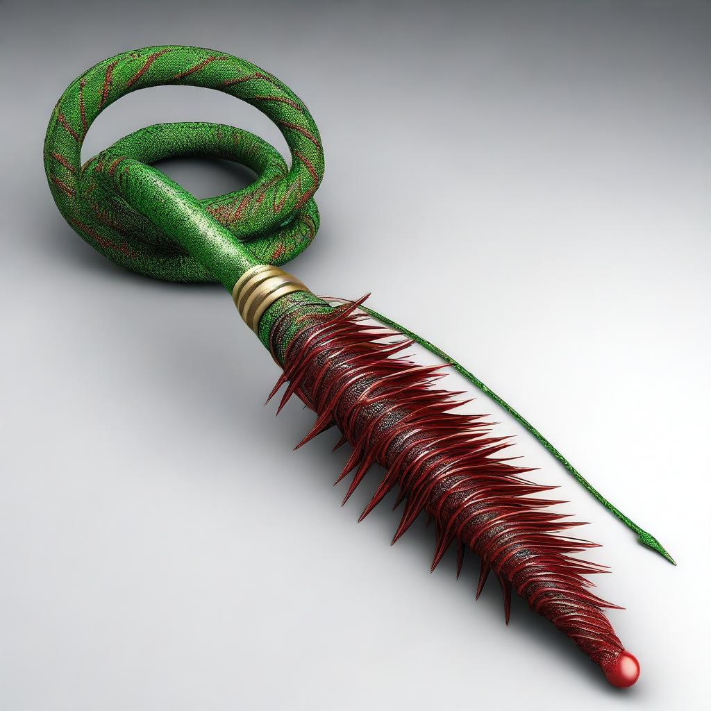A high-quality 3D render of a long red and green whip, adorned with a ball with spikes at the end