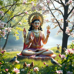 A serene, beautiful landscape featuring Tara Maa, the Hindu goddess symbolizing wisdom and compassion, depicted as a radiant figure surrounded by lush greenery and blossoming flowers