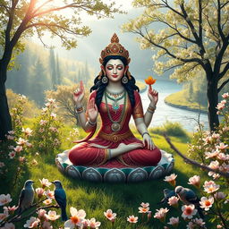 A serene, beautiful landscape featuring Tara Maa, the Hindu goddess symbolizing wisdom and compassion, depicted as a radiant figure surrounded by lush greenery and blossoming flowers