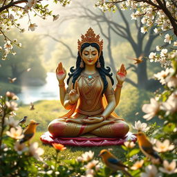 A serene, beautiful landscape featuring Tara Maa, the Hindu goddess symbolizing wisdom and compassion, depicted as a radiant figure surrounded by lush greenery and blossoming flowers