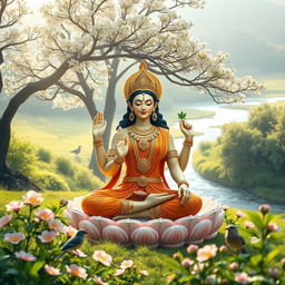 A serene, beautiful landscape featuring Tara Maa, the Hindu goddess symbolizing wisdom and compassion, depicted as a radiant figure surrounded by lush greenery and blossoming flowers