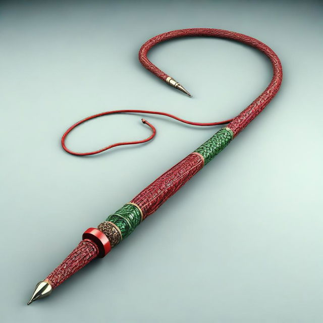 A high-quality 3D render of a long red and green whip, adorned with a ball with spikes at the end