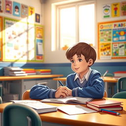 A school scene depicting a young boy sitting at his desk, focused on his homework