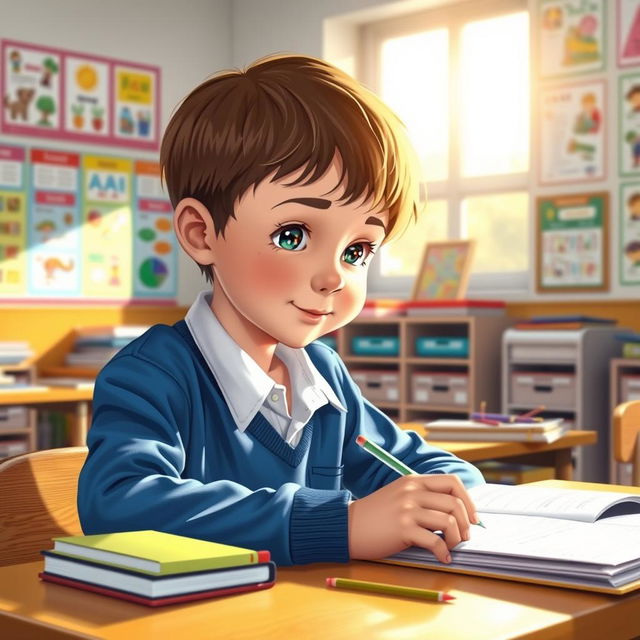 A school scene depicting a young boy sitting at his desk, focused on his homework