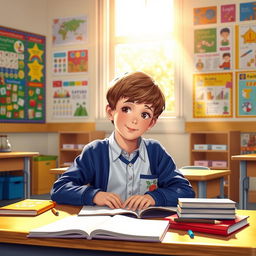 A school scene depicting a young boy sitting at his desk, focused on his homework