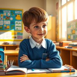 A school scene depicting a young boy sitting at his desk, focused on his homework