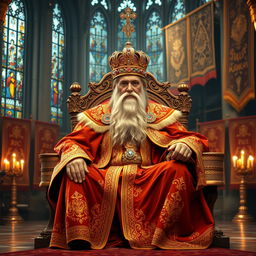 A majestic king seated on a grand throne, adorned in luxurious royal robes with intricate golden embroidery