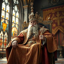 A majestic king seated on a grand throne, adorned in luxurious royal robes with intricate golden embroidery
