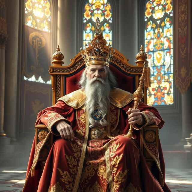 A majestic king seated on a grand throne, adorned in luxurious royal robes with intricate golden embroidery