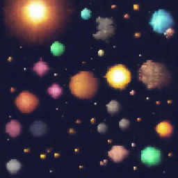 A pixel art style image of a star-studded space background with various exoplanets