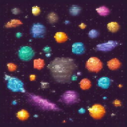 A pixel art style image of a star-studded space background with various exoplanets