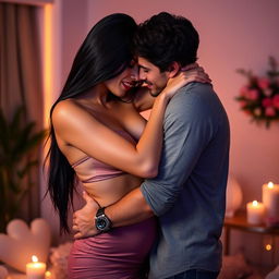 A couple embracing passionately in a romantic setting, featuring a hot, sexy woman with long black hair wearing a stylish, form-fitting dress, showcasing her curves