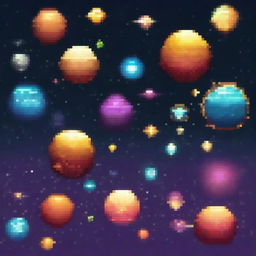 A pixel art style image of a star-studded space background with various exoplanets