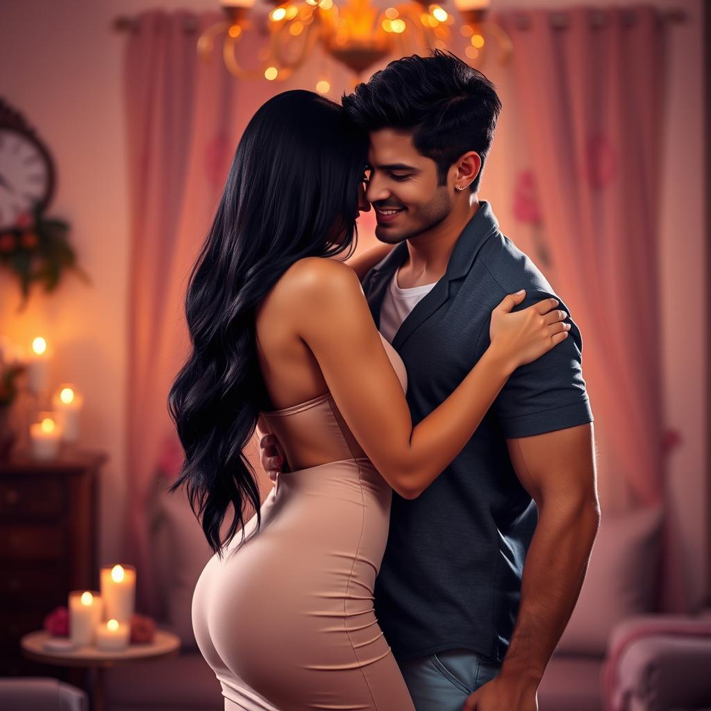 A couple embracing passionately in a romantic setting, featuring a hot, sexy woman with long black hair wearing a stylish, form-fitting dress, showcasing her curves