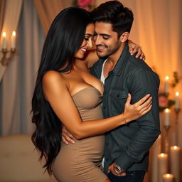 A couple embracing passionately in a romantic setting, featuring a hot, sexy woman with long black hair wearing a stylish, form-fitting dress, showcasing her curves