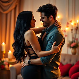 A couple embracing passionately in a romantic setting, featuring a hot, sexy woman with long black hair wearing a stylish, form-fitting dress, showcasing her curves
