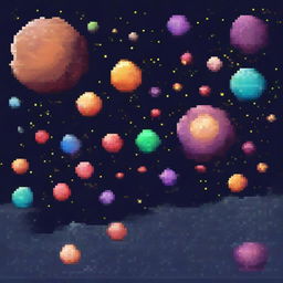 A pixel art style image of a star-studded space background with various exoplanets