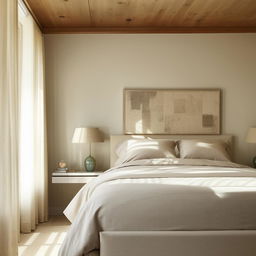 A modern styled bedroom with neutral tones, filled with soft sunlight. It has a plush king size bed, stylish nightstands, and calming artwork on the walls.