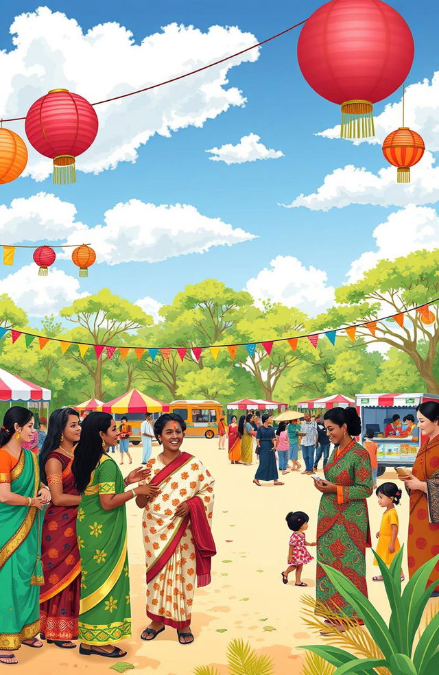 A vibrant and harmonious multicultural scene depicting people from diverse ethnic backgrounds enjoying a community festival