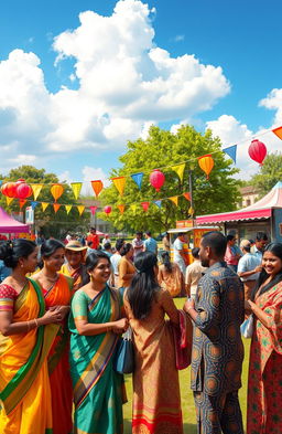 A vibrant and harmonious multicultural scene depicting people from diverse ethnic backgrounds enjoying a community festival