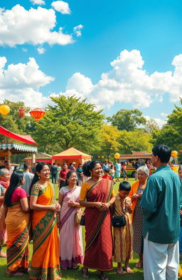 A vibrant and harmonious multicultural scene depicting people from diverse ethnic backgrounds enjoying a community festival