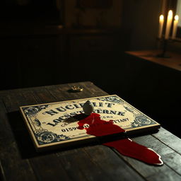 A spooky Ouija board with intricate designs on the surface, positioned on an old wooden table