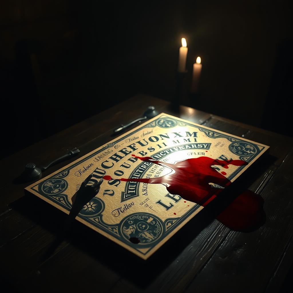 A spooky Ouija board with intricate designs on the surface, positioned on an old wooden table