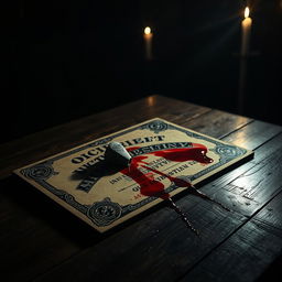 A spooky Ouija board with intricate designs on the surface, positioned on an old wooden table