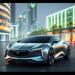 A futuristic rendering of an Opel Manta 400 set in the year 2026, showcasing a sleek and modern design with innovative features