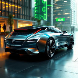 A futuristic rendering of an Opel Manta 400 set in the year 2026, showcasing a sleek and modern design with innovative features