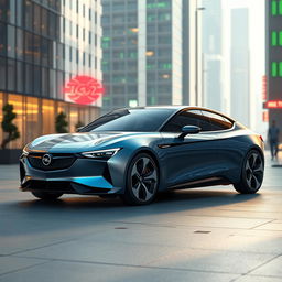 A futuristic rendering of an Opel Manta 400 set in the year 2026, showcasing a sleek and modern design with innovative features
