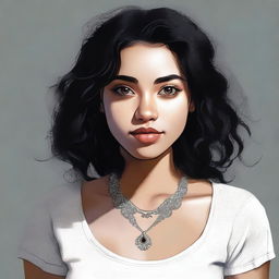 A high-quality digital art captures a stunning 25-year-old woman with big brown eyes and shoulder-length semi-curly black hair