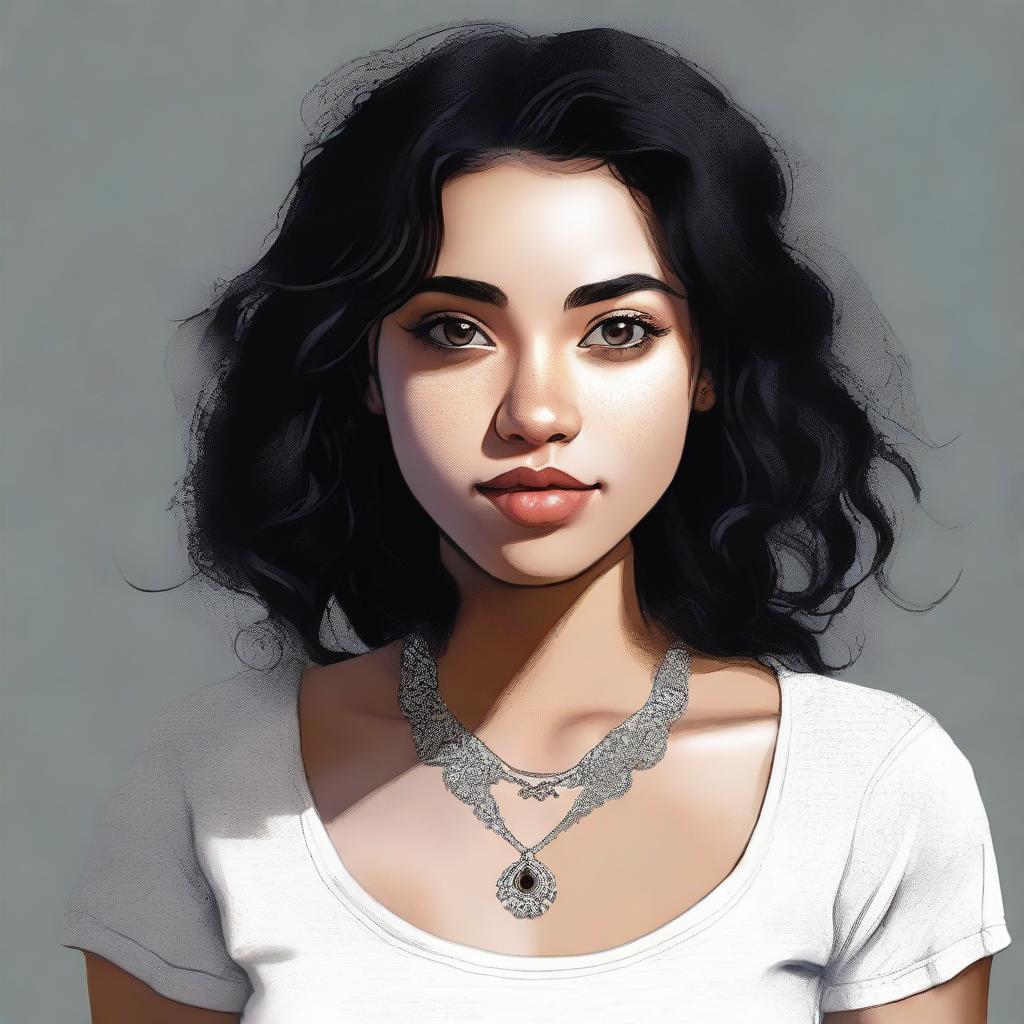 A high-quality digital art captures a stunning 25-year-old woman with big brown eyes and shoulder-length semi-curly black hair