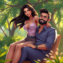 A vibrant digital artwork featuring a confident woman sitting gracefully on a man's lap