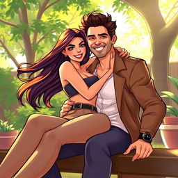 A vibrant digital artwork featuring a confident woman sitting gracefully on a man's lap