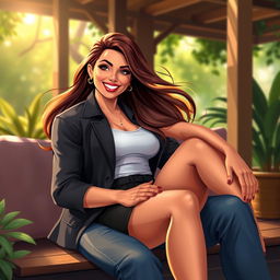 A vibrant digital artwork featuring a confident woman sitting gracefully on a man's lap