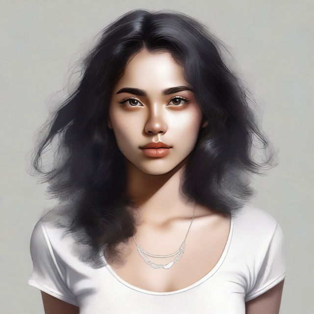 A high-quality digital art captures a stunning 25-year-old woman with big brown eyes and shoulder-length semi-curly black hair