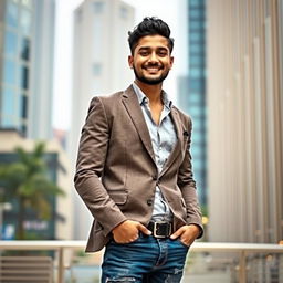 A 25-year-old man named Nazim Uddin, exuding confidence and charm, dressed in a smart and stylish outfit