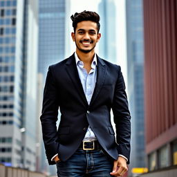 A 25-year-old man named Nazim Uddin, exuding confidence and charm, dressed in a smart and stylish outfit