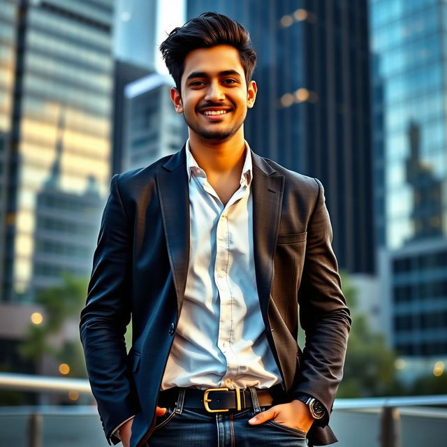 A 25-year-old man named Nazim Uddin, exuding confidence and charm, dressed in a smart and stylish outfit