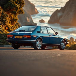 A stunningly detailed, vintage Peugeot 306, showcasing its elegant lines, unique French styling, and sporty character, parked on a scenic coastal road during sunset