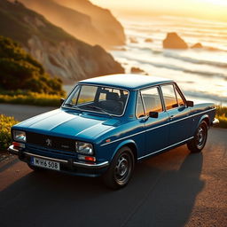 A stunningly detailed, vintage Peugeot 306, showcasing its elegant lines, unique French styling, and sporty character, parked on a scenic coastal road during sunset