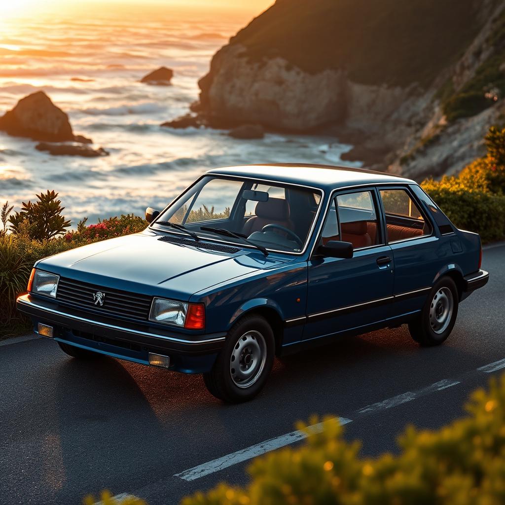 A stunningly detailed, vintage Peugeot 306, showcasing its elegant lines, unique French styling, and sporty character, parked on a scenic coastal road during sunset