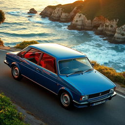 A stunningly detailed, vintage Peugeot 306, showcasing its elegant lines, unique French styling, and sporty character, parked on a scenic coastal road during sunset