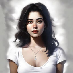 A high-quality digital art captures a stunning 25-year-old woman with big brown eyes and shoulder-length semi-curly black hair