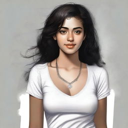 A high-quality digital art captures a stunning 25-year-old woman with big brown eyes and shoulder-length semi-curly black hair