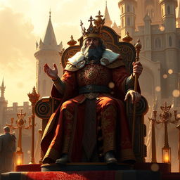 A powerful and majestic king ruling over a vast kingdom, dressed in ornate royal robes adorned with intricate gold patterns