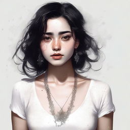 A high-resolution digital art piece featuring a captivating 25-year-old woman with big brown eyes and shoulder-length semi-curly black hair